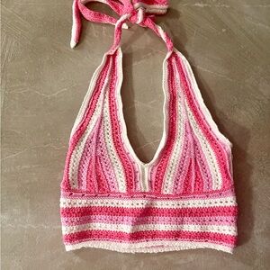 Women’s Hollister Pink And White Striped Crochet Tank Top. XS, NWT